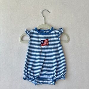 Little English Blue and White Striped Baby Bubble with Flag Patch EUC, 3M